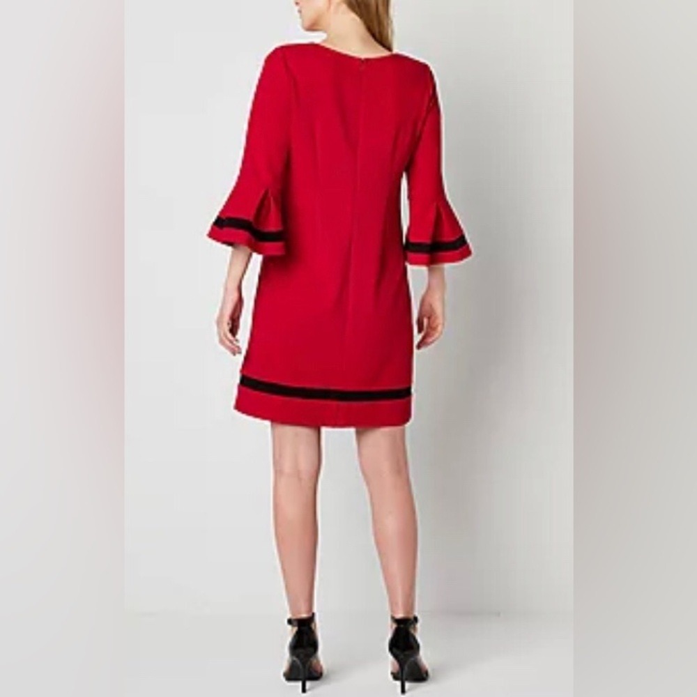 R&K Women's Size 10 Sheath Dress Red Bell Sleeve Contrast Trim - Picture 3 of 9